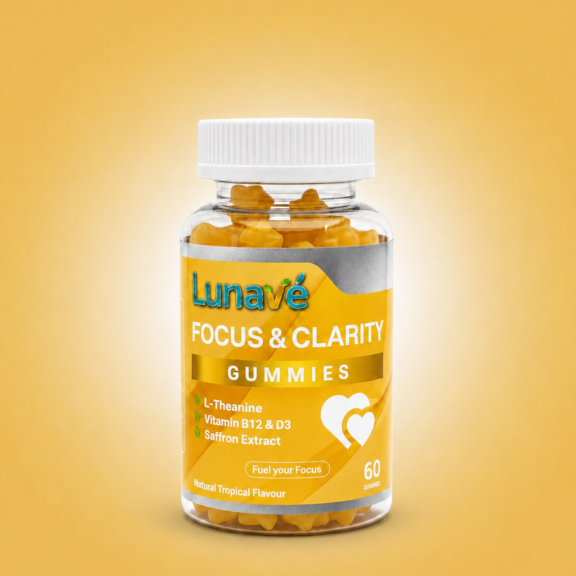 Lunavé Focus & Clarity focus gummies bottle. 60 vegan gummies with L-Theanine, Vitamin B12, Vitamin D3 and Saffron Extract.
