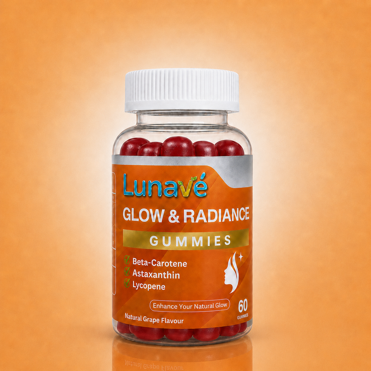 Lunavé Glow & Radiance tanning gummies bottle. 60 vegan gummies with Beta-Carotene, Astaxanthin and Lycopene.