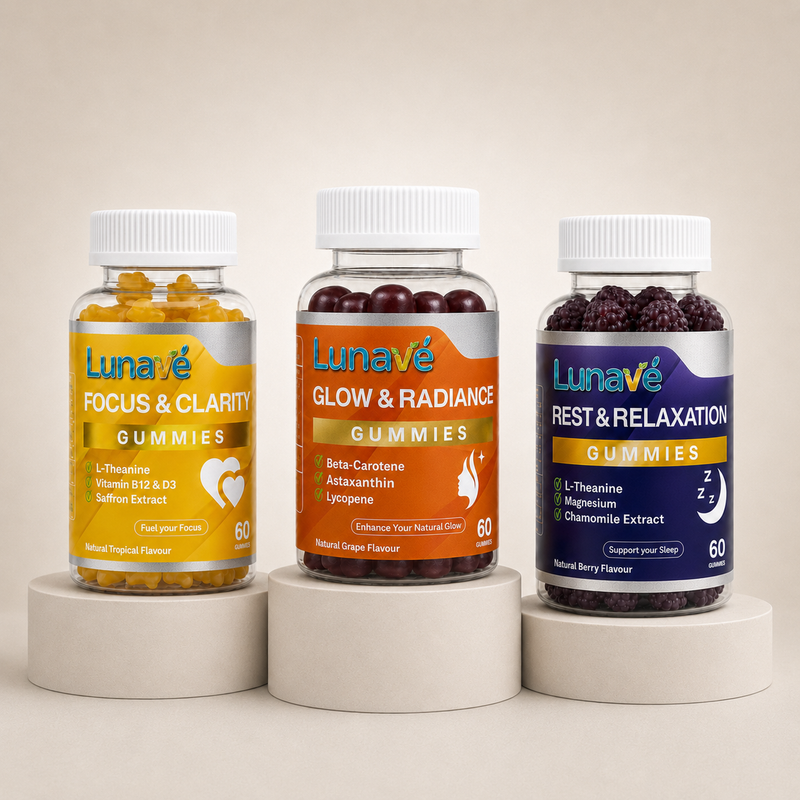 Lunavé Complete Wellness Bundle - Focus & Clarity, Glow & Radiance and Rest & Relaxation gummies. Full daily wellness routine in one bundle. 3 x 60 vegan gummies.