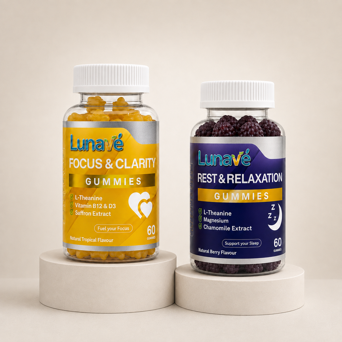 Lunavé Day & Night Bundle - Focus & Clarity and Rest & Relaxation gummies. Caffeine-free focus by day, natural sleep support by night. 2 x 60 vegan gummies.