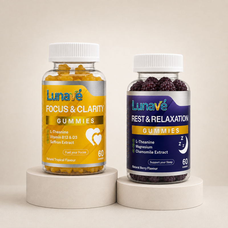 Lunavé Day & Night Bundle - Focus & Clarity and Rest & Relaxation gummies. Caffeine-free focus by day, natural sleep support by night. 2 x 60 vegan gummies.