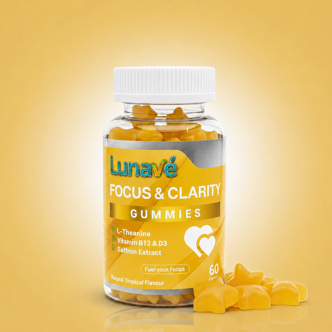 Lunavé focus gummies - tropical flavour. 60 vegan gummies with L-Theanine, Vitamin B12, Vitamin D3 and Saffron Extract.