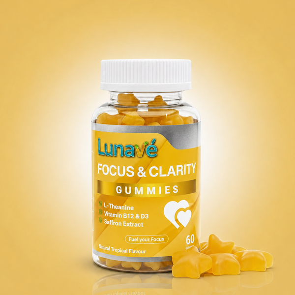 Lunavé focus gummies - tropical flavour. 60 vegan gummies with L-Theanine, Vitamin B12, Vitamin D3 and Saffron Extract.
