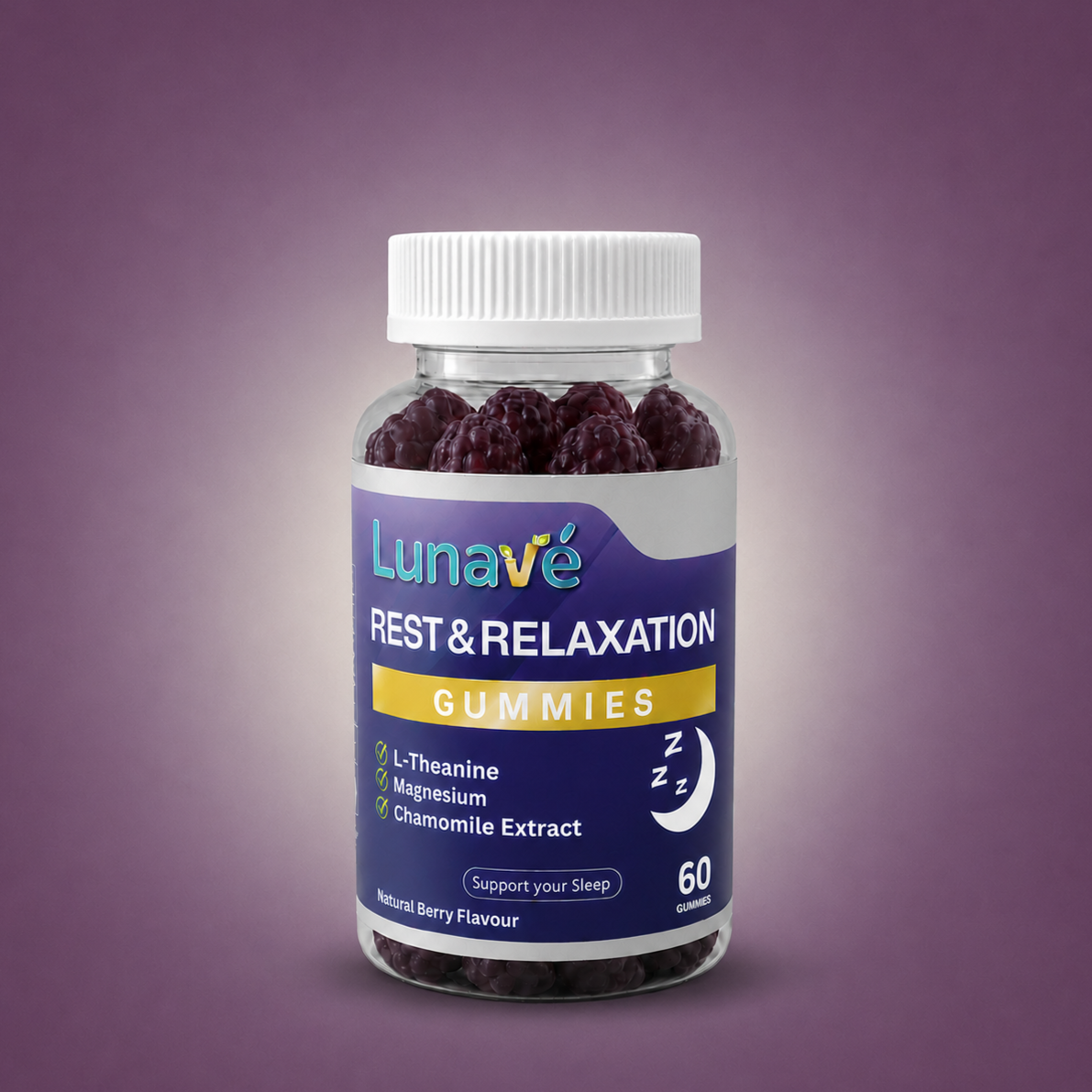 Lunavé sleep gummies - berry flavour. 60 vegan gummies with L-Theanine, Magnesium and Chamomile Extract.
