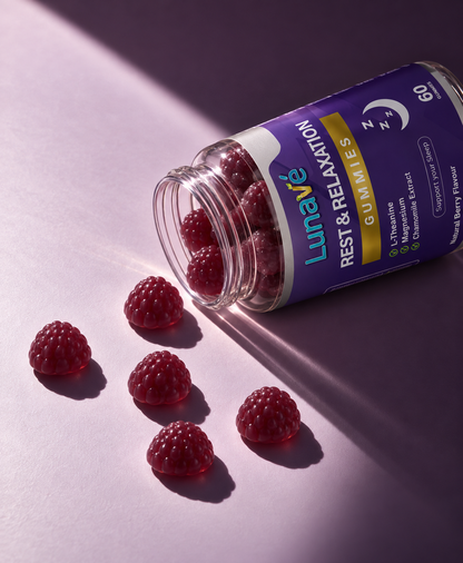 Lunavé Rest & Relaxation sleep gummies spilled from bottle on purple surface - raspberry-shaped berry flavour gummies with L-Theanine, Magnesium and Chamomile Extract.