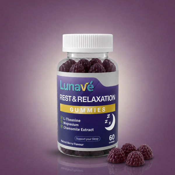 Lunavé Rest & Relaxation sleep gummies bottle. 60 vegan gummies with L-Theanine, Magnesium and Chamomile Extract.