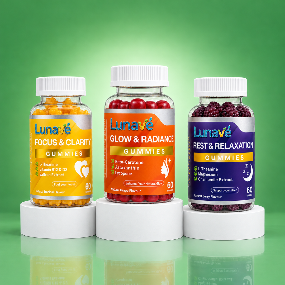 Lunavé Complete Wellness Bundle - Focus & Clarity, Glow & Radiance and Rest & Relaxation gummies. Full daily wellness routine in one bundle. 3 x 60 vegan gummies.