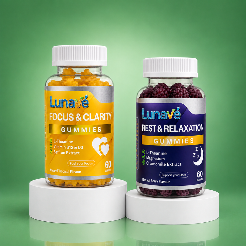 Lunavé Day & Night Bundle - Focus & Clarity and Rest & Relaxation gummies. Caffeine-free focus by day, natural sleep support by night. 2 x 60 vegan gummies.
